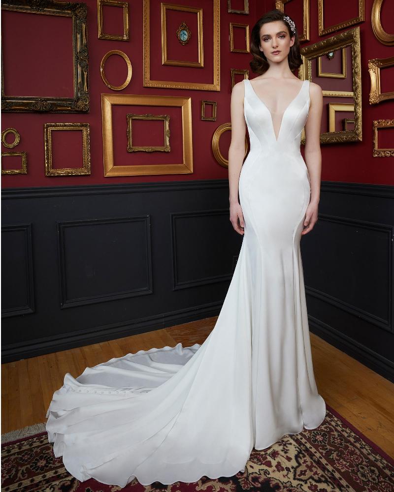 La23237 fitted simple satin wedding dress with buttons down the back4